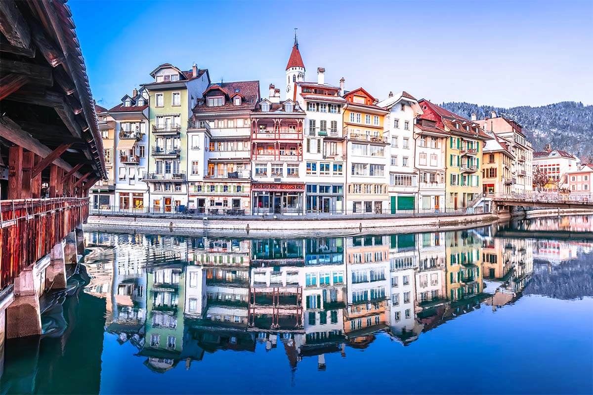 Thun old town reflections at Aare River in winter - Thun, Switzerland