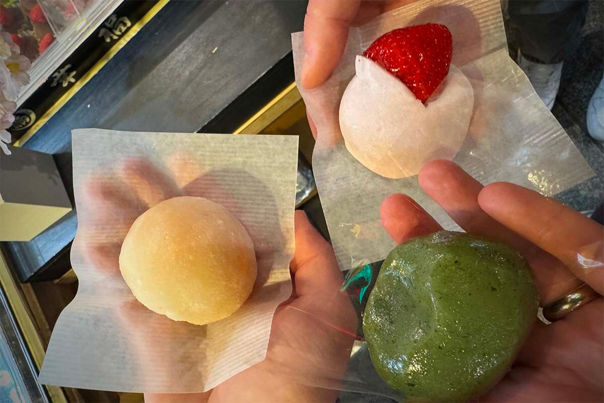 Japanese mochi sweets at a market in Kyoto