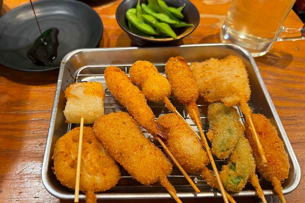 Kushikatsu, Osaka-style deep-fried skewers - part of our Osaka food tour in Shinsekai
