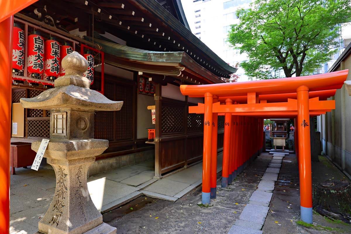 Osaka Tenmangu Shrine - red torii gates and lanterns