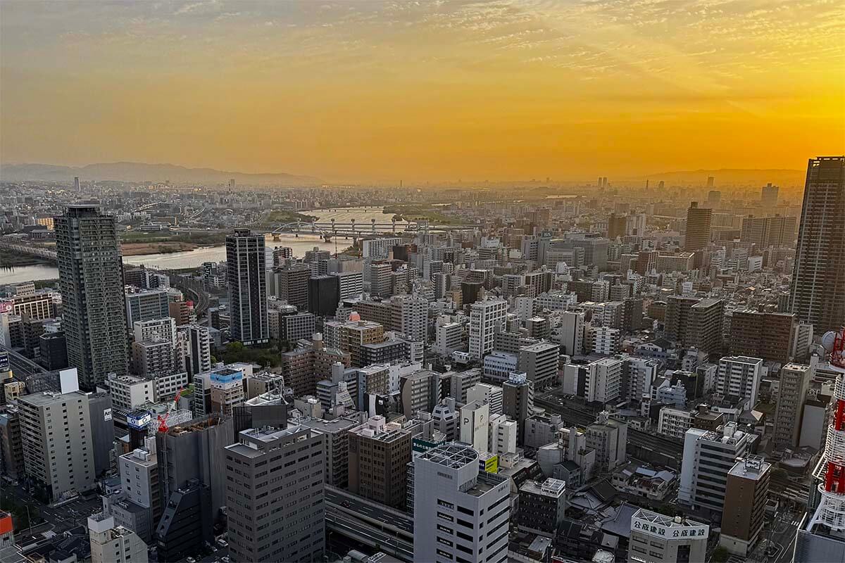 Osaka city view from our room at Hotel Hankyu International at sunrise