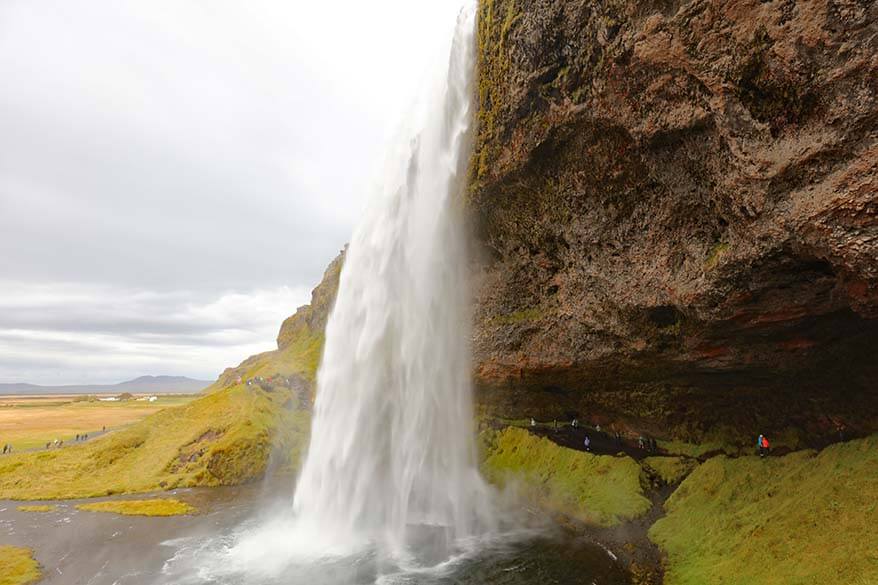 Seljalandsfoss waterfall in Iceland on a rainy day in September