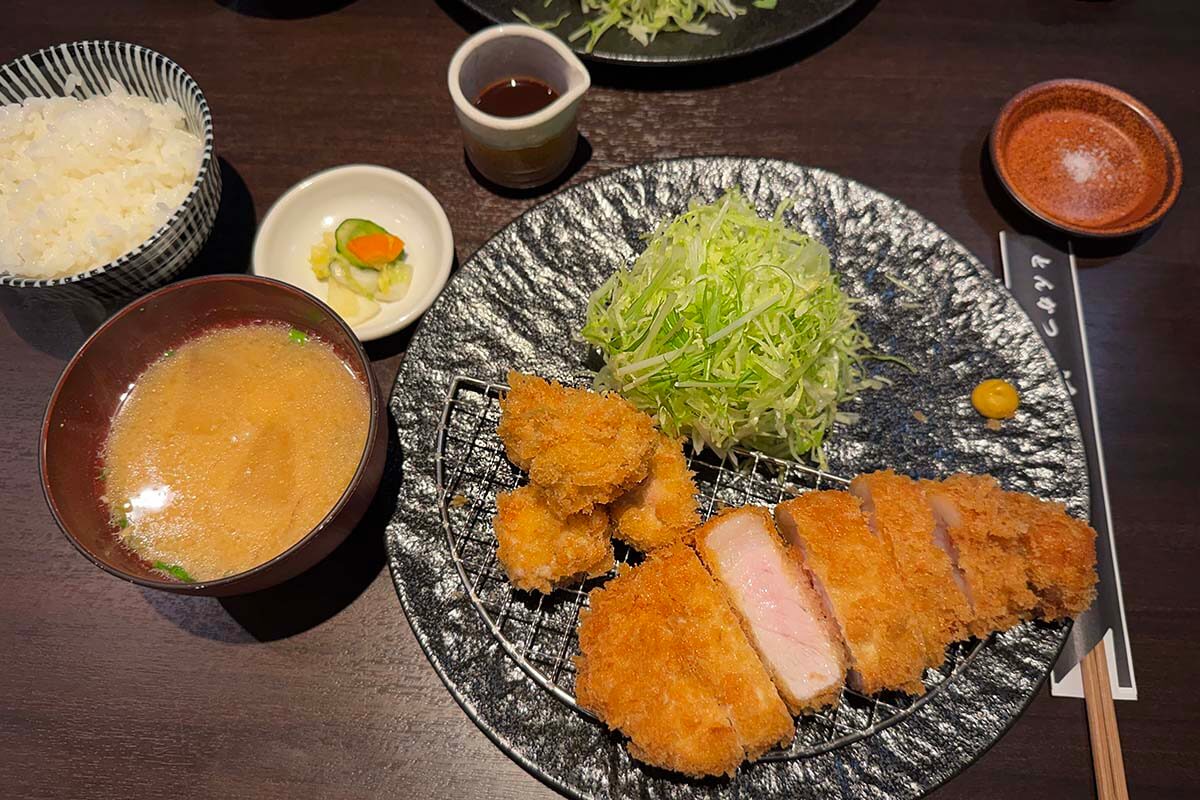 Tonkatsu deep-fried pork cutlets set meal at a restaurant in Nara Japan