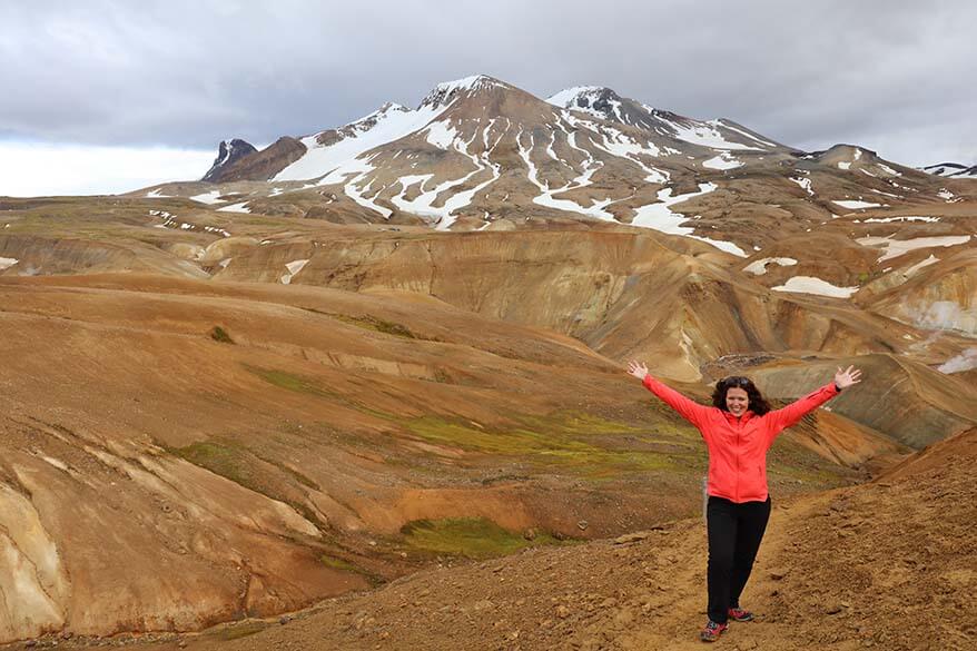 Tourist at Hveradalir geothermal area at Kerlingarfjoll Iceland in September