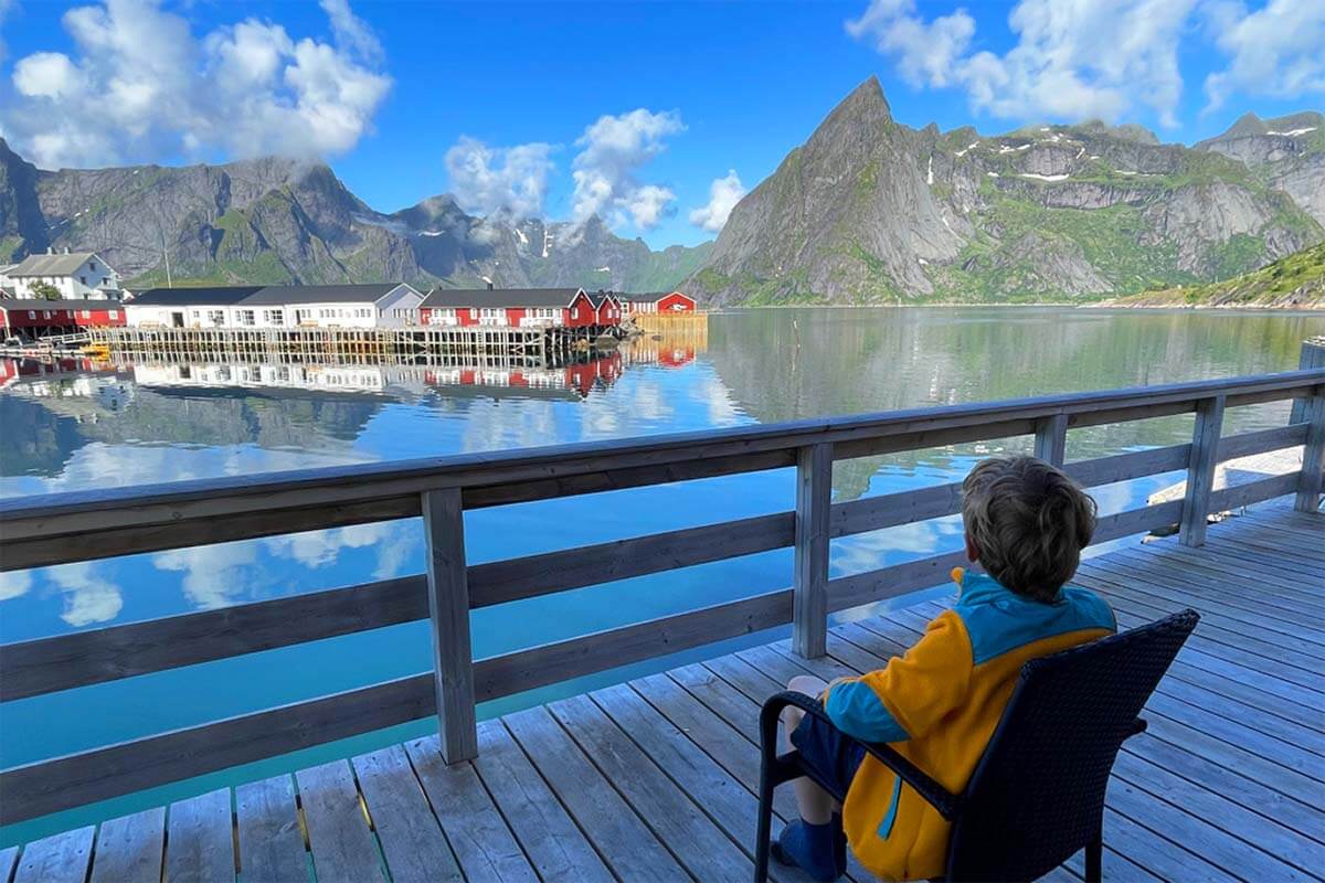 Calm summer morning view from a rorbu terrace at Reinefjord, Lofoten Islands