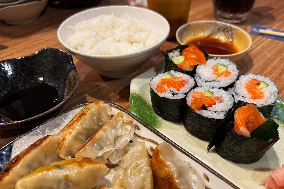 Japanese food including sushi and dumplings at a local restaurant on Pontocho Alley in Kyoto