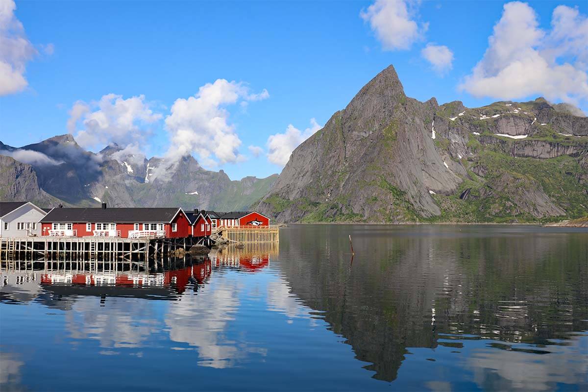 Reinefjord and Eliassen Rorbuer on a sunny summer day in Hamnoy, Lofoten Islands, Norway