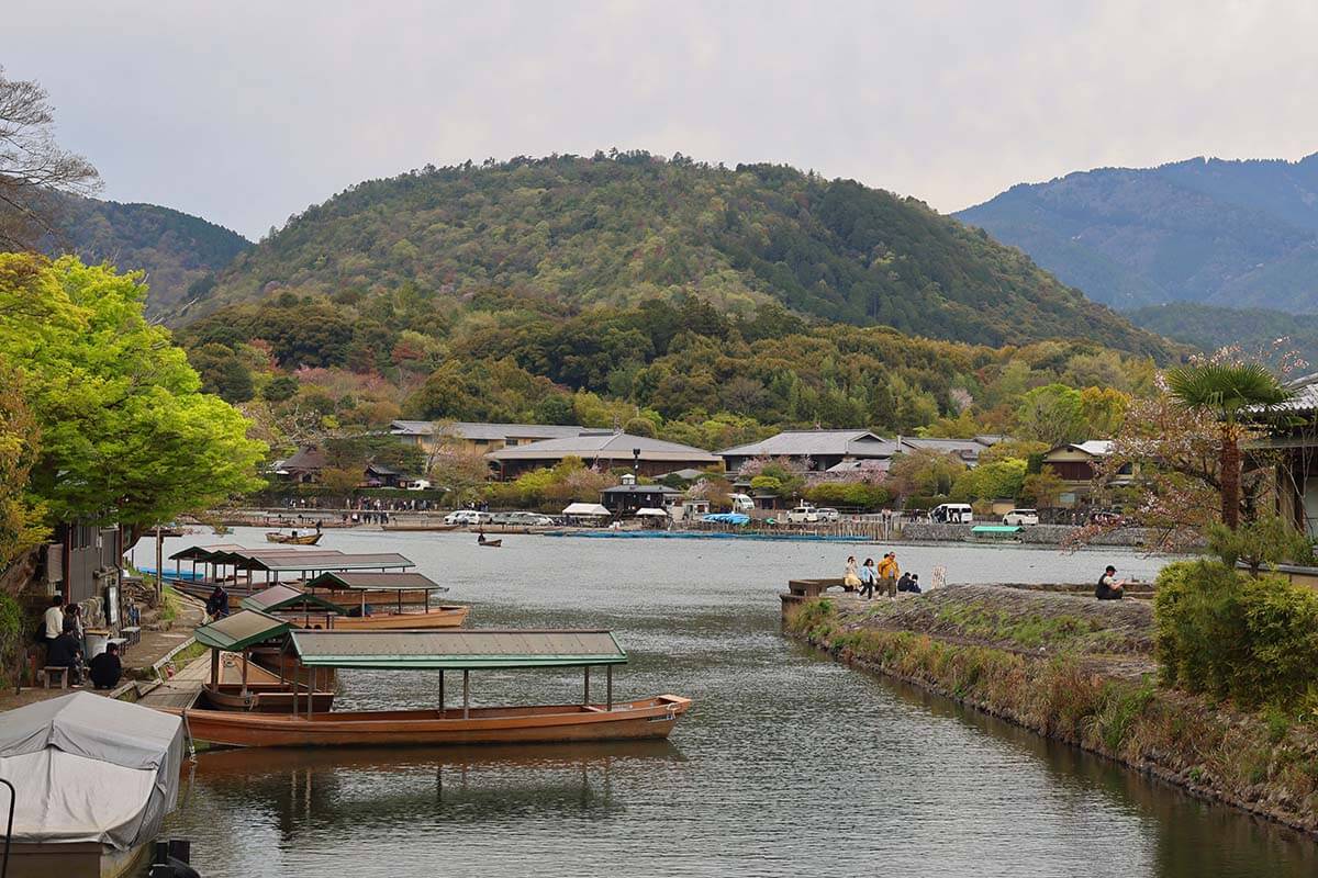 Traditional boats on the Katsura River near the Togetsukyo Bridge.