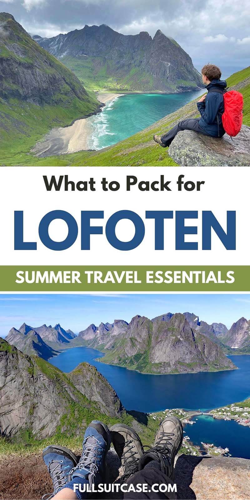 Summer hiking in the Lofoten Islands, Norway, with a backpack and hiking boots