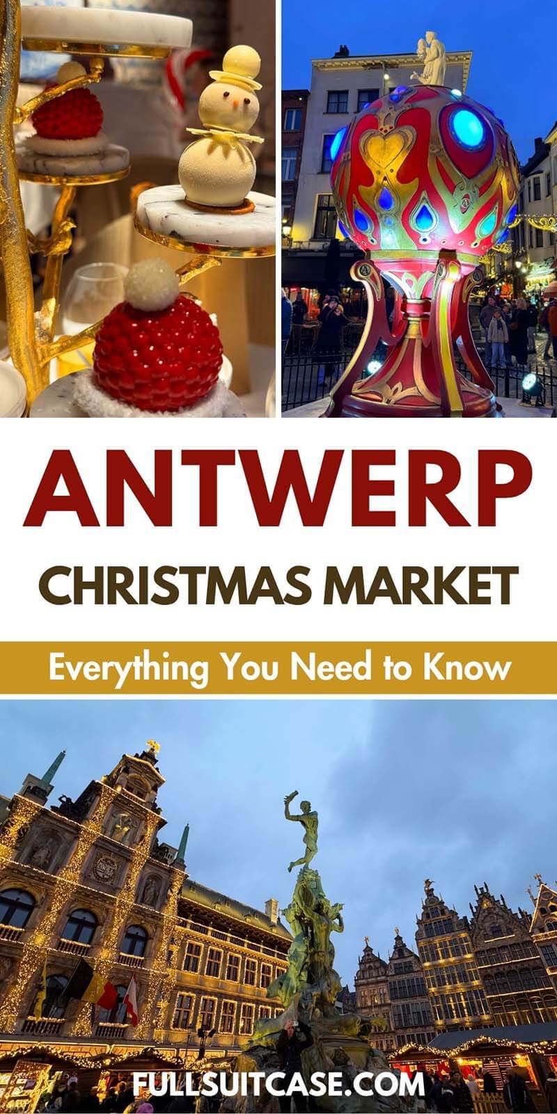 Antwerp Christmas Market guide featuring festive desserts, colorful holiday decorations, and Grote Markt with practical visitor information.