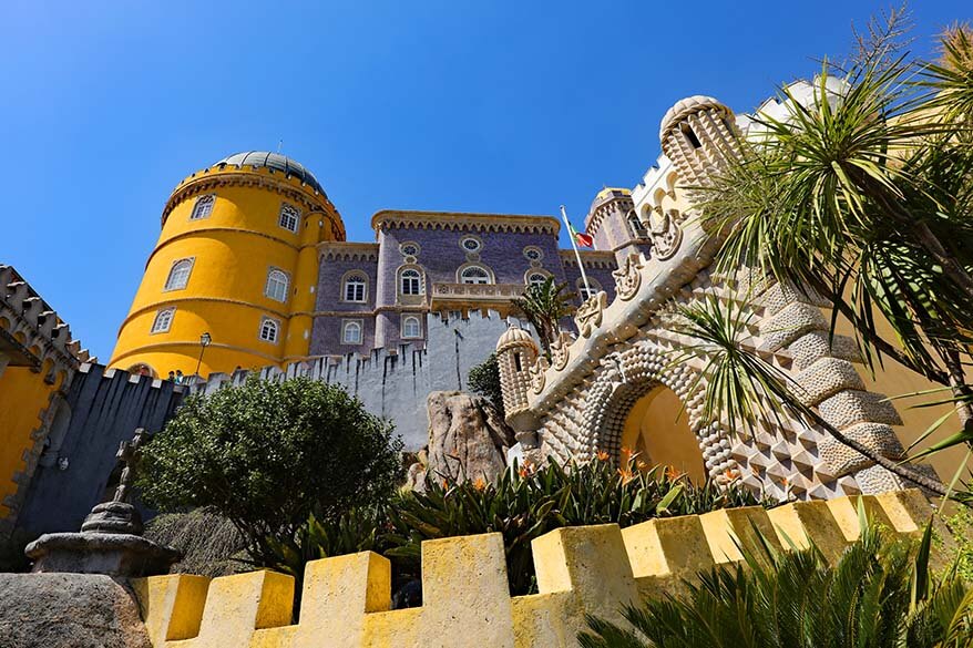 Colorful facade and entrance of Pena Palace in Sintra, Portugal.