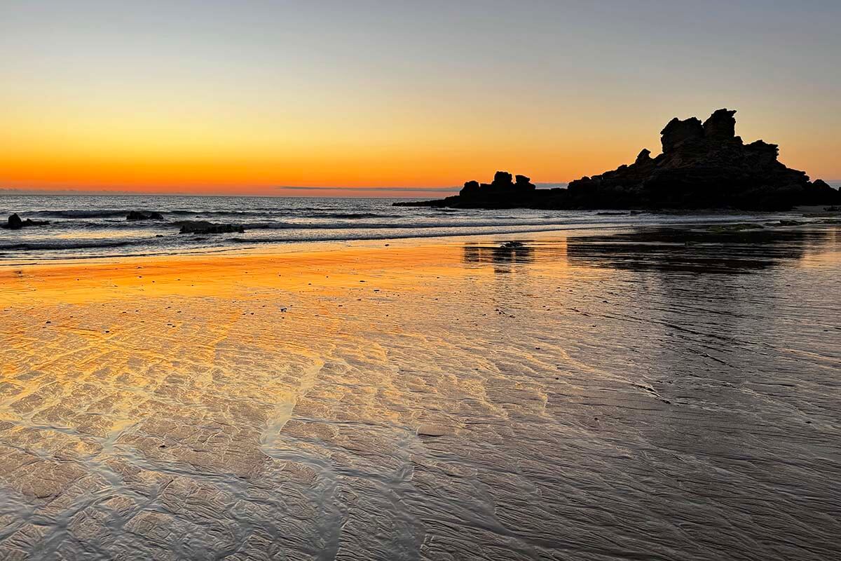 Sunset at Praia do Castelejo in western Algarve in July