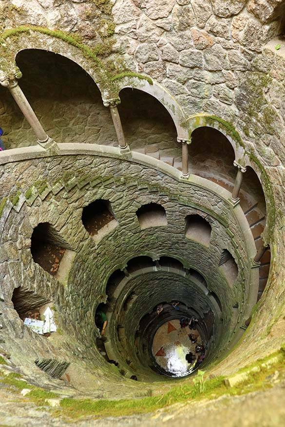 Top-down view of the Initiation Well at Quinta da Regaleira in Sintra, Portugal.