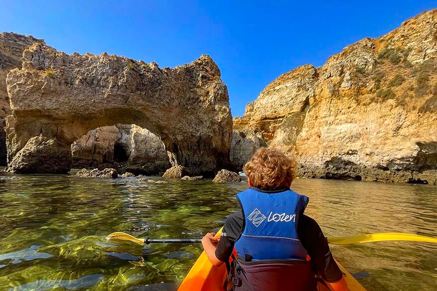 Family kayaking in the Algarve in summer