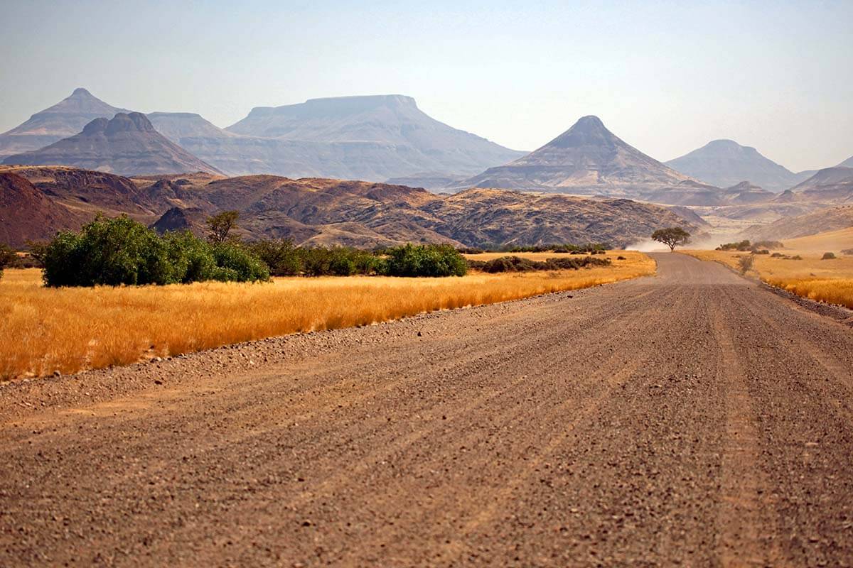 Self-drive Namibia road trip on a gravel road through the mountains
