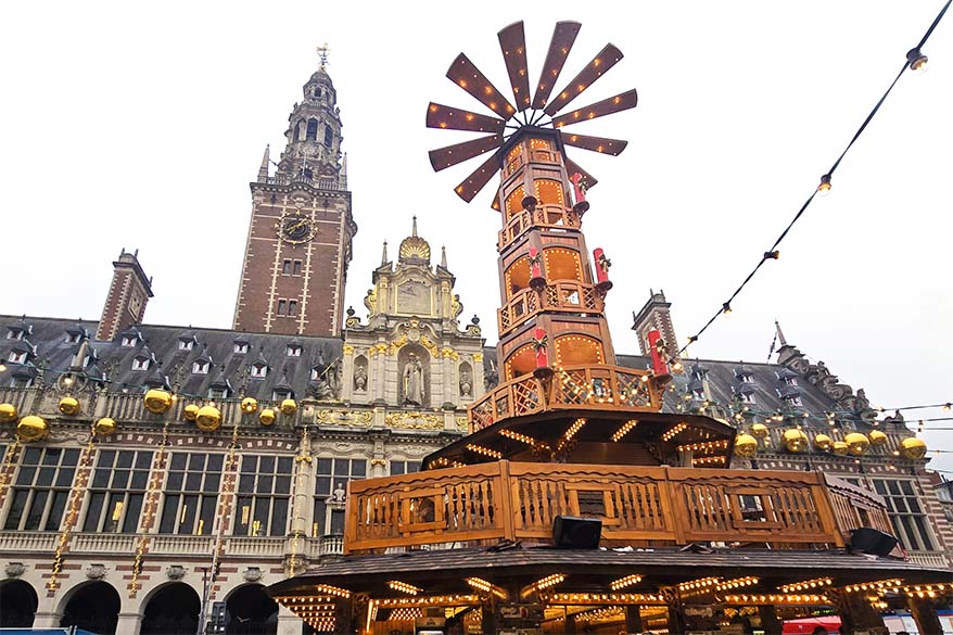Leuven Christmas Market and library building on Ladeuzeplein