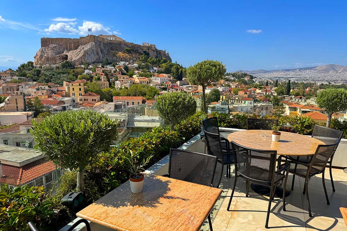 Acropolis views from Electra Roof Garden at Electra Palace Hotel in Athens
