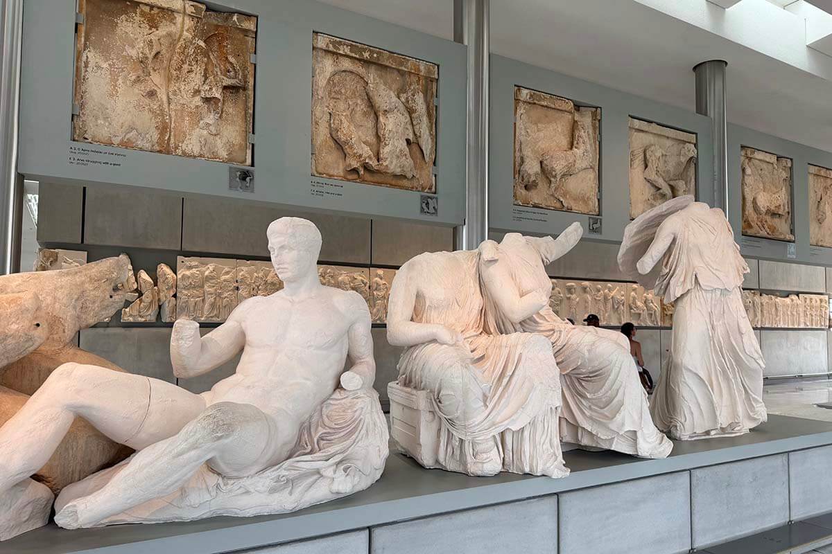 Ancient sculptures inside the Acropolis Museum in Athens