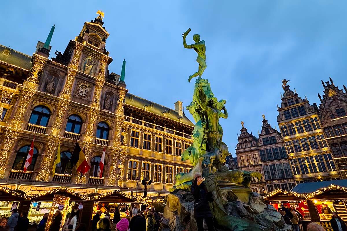 Antwerp Christmas Market and City Hall with Christmas lights in December