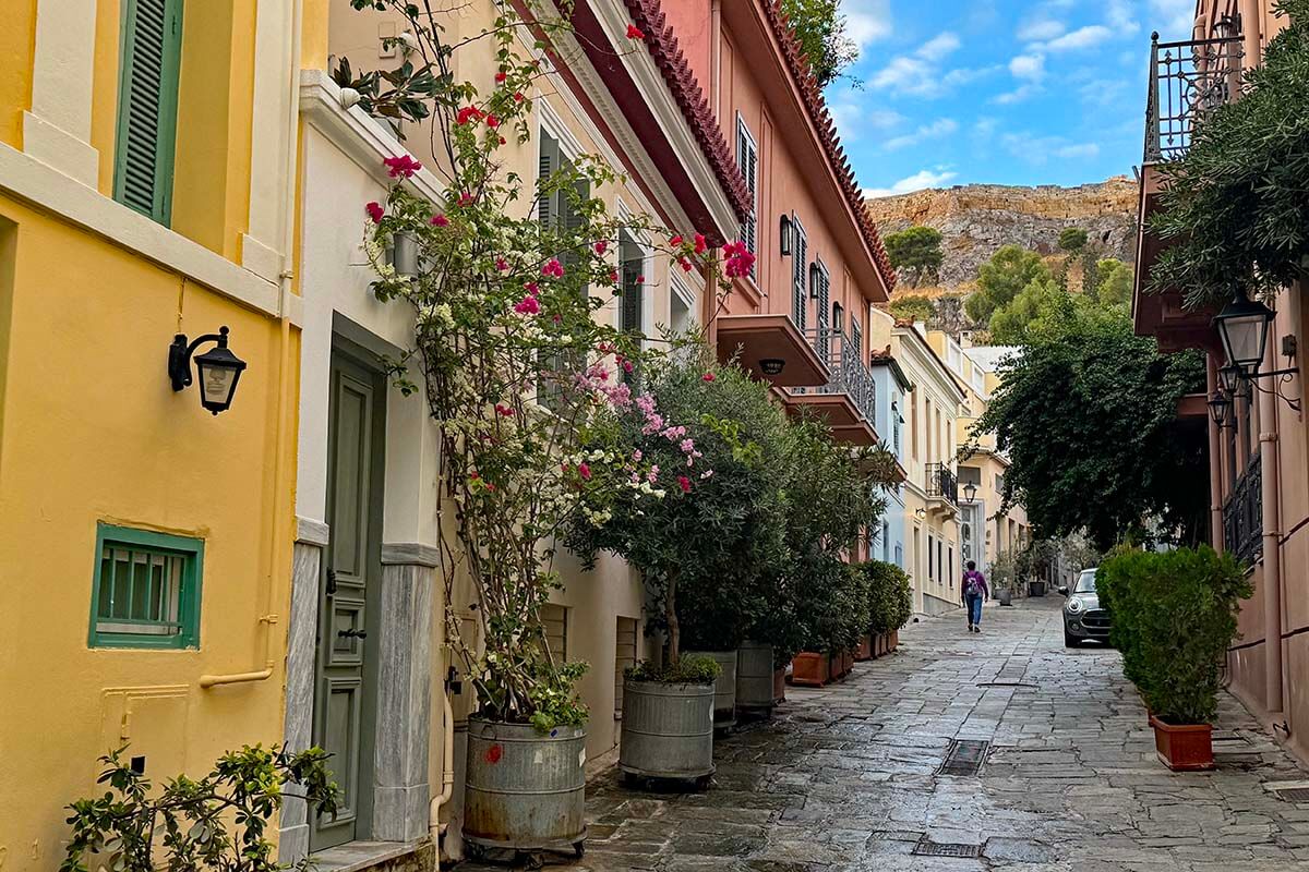 Charming streets and colorful buildings of Plaka neighborhood in Athens