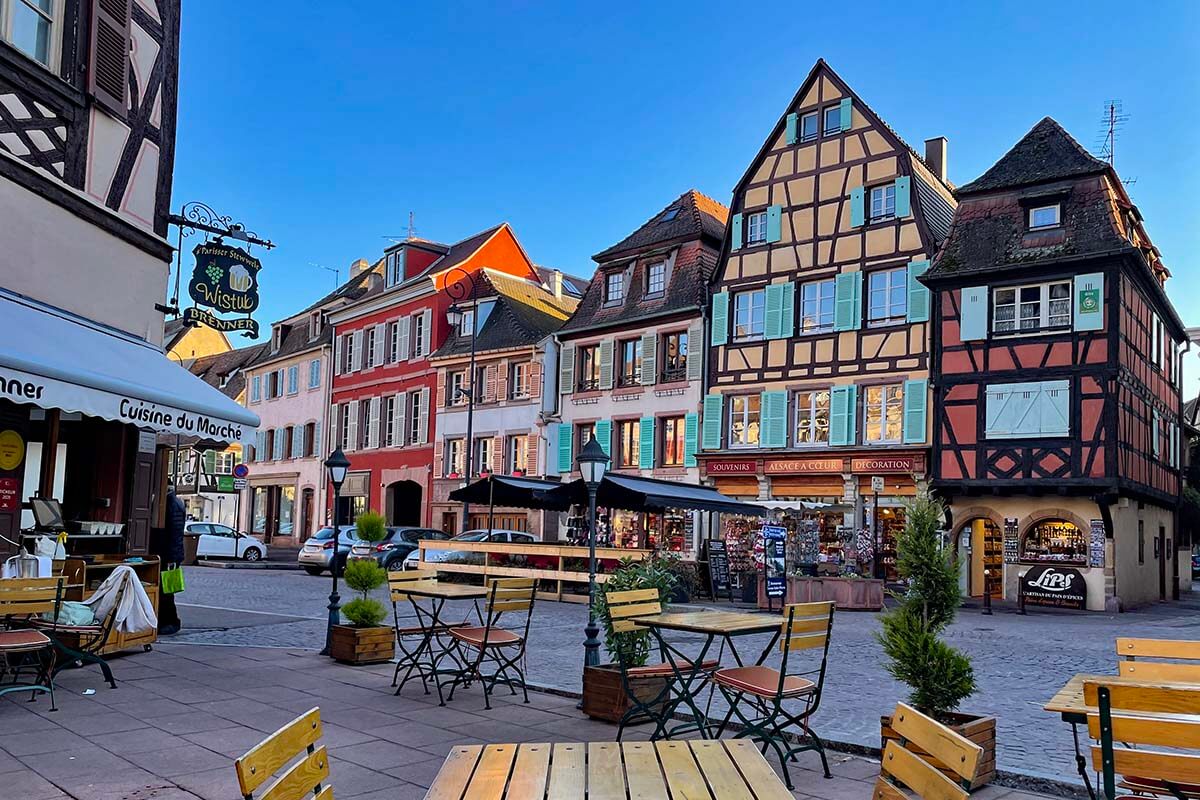Half-timbered houses in Colmar France on a cold winter's day
