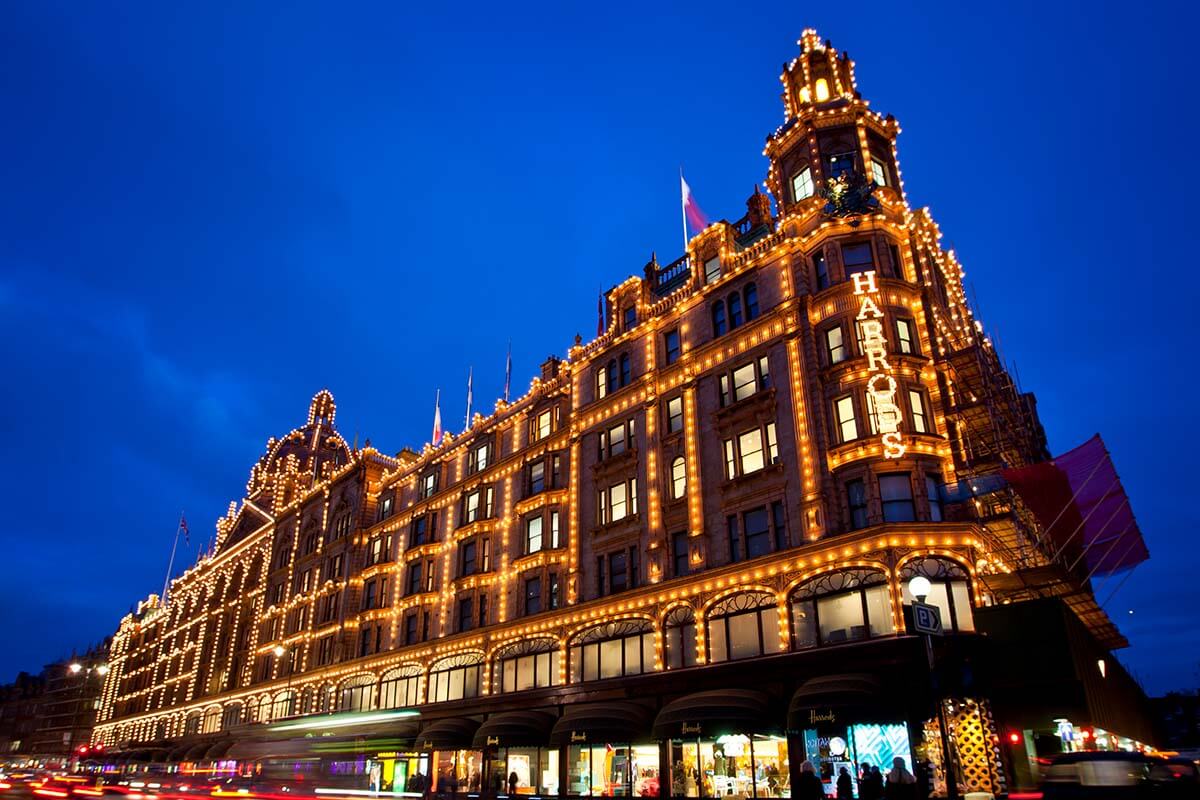 Harrods in London lit during the winter holiday season